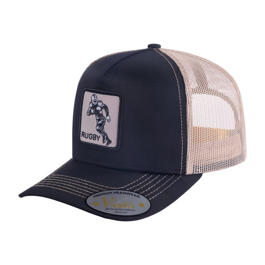 Rugby/Football 5-Panel Trucker Hat with Black front and Khaki back