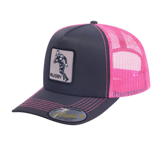 Rugby/Football 5-Panel Trucker Hat with Black front and Pink back