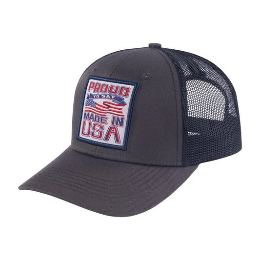 Proud to Say Made in US 6-Panel Trucker Hat with Dark Grey front and Black back