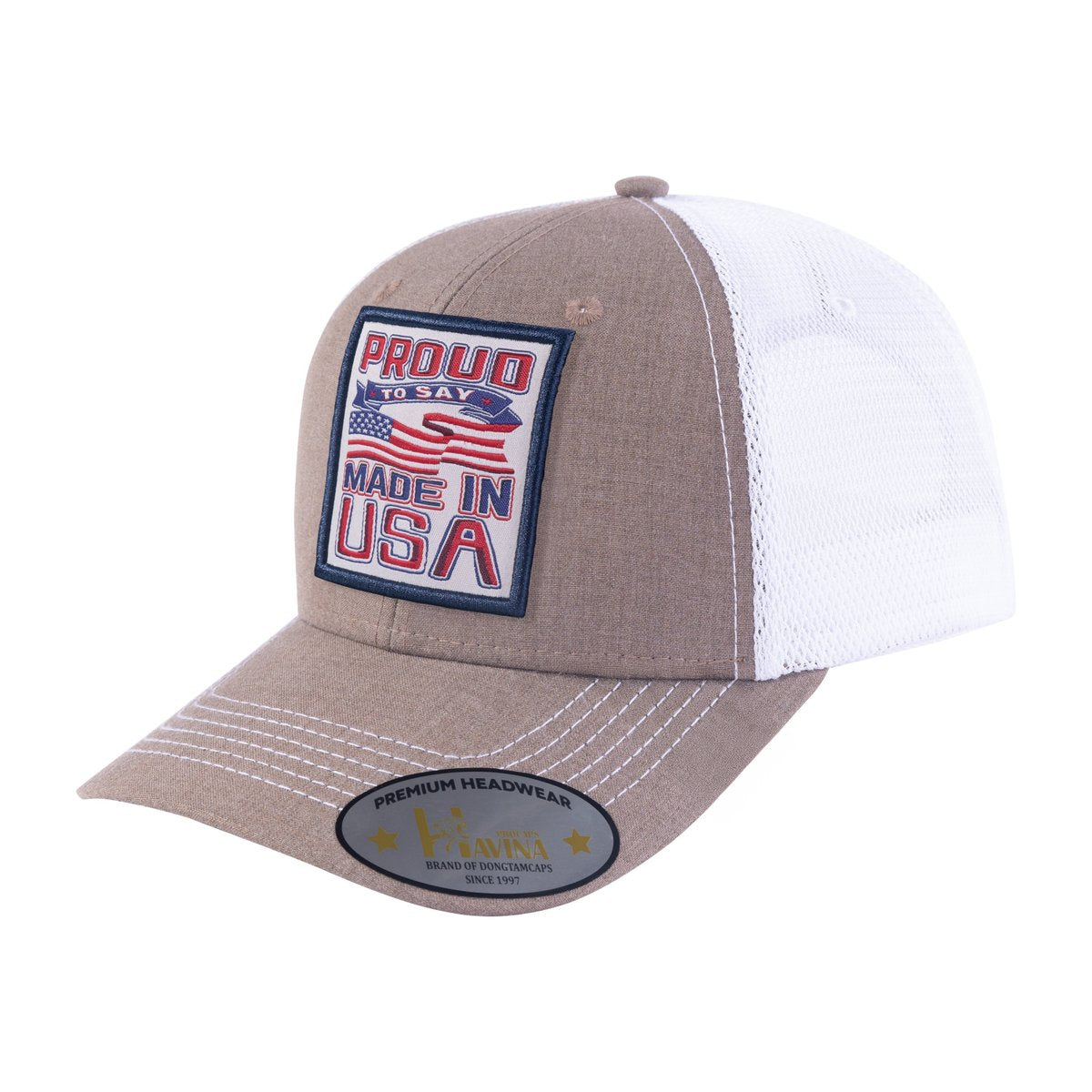 Proud to Say Made in US 6-Panel Trucker Hat with Light Brown front and White back