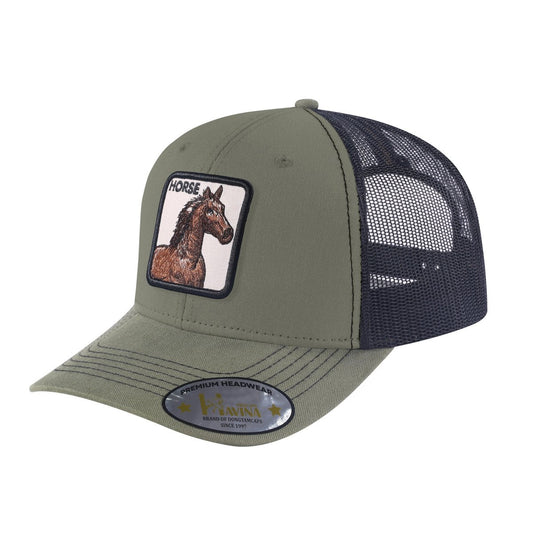 Horse 6-Panel Trucker Hat with Olive front and Black back