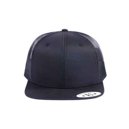 Blank 6-Panel Snapback Flat Bill Trucker Hat with Black front and Black back