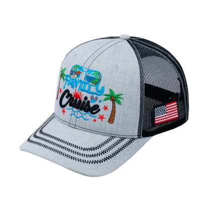 Family Cruise, Traveling 6-Panel Trucker Hat with Light Grey front and Black back