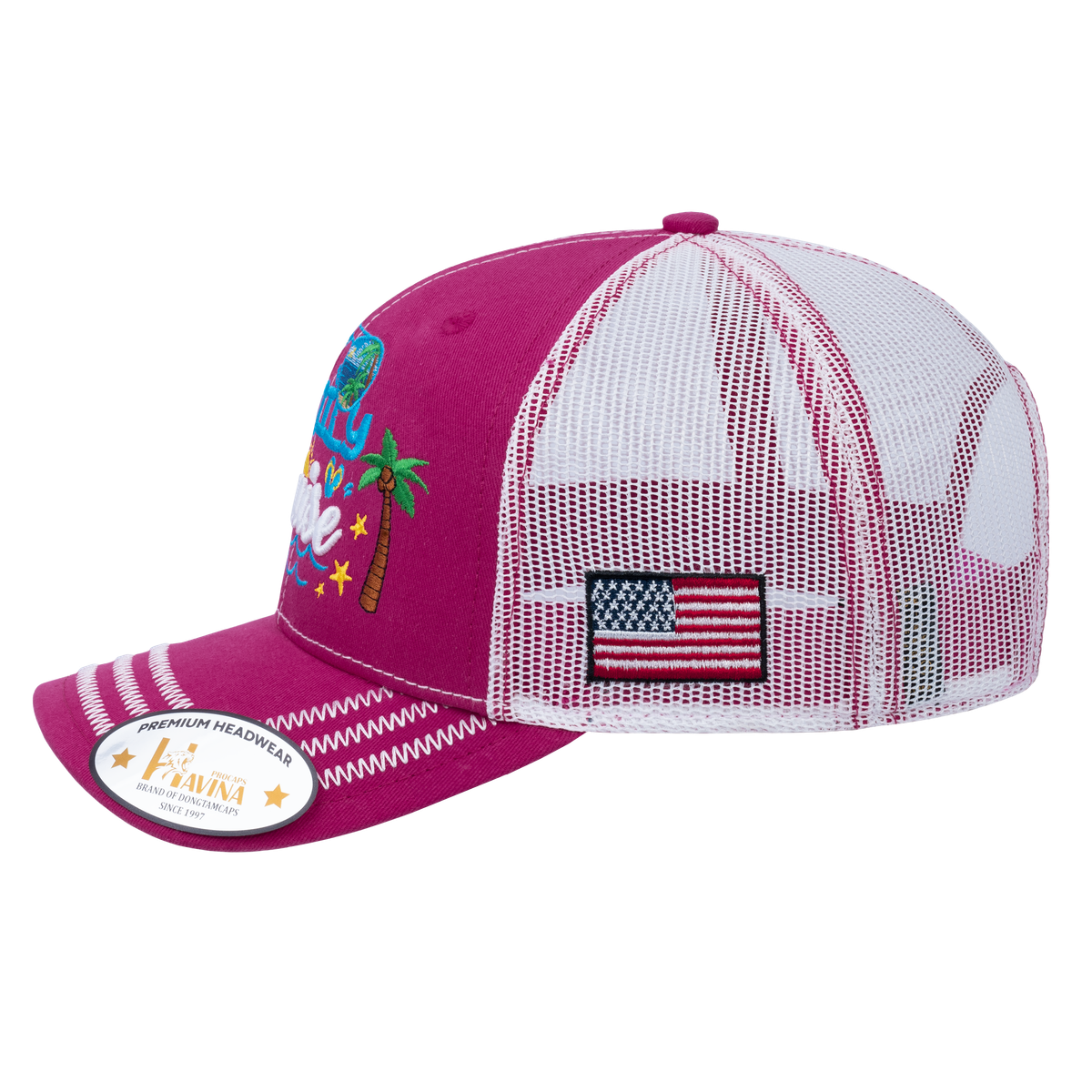 Family Cruise, Traveling 6-Panel Trucker Hat with Pink front and White back