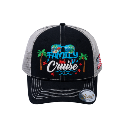 Family Cruise, Traveling 6-Panel Trucker Hat with Black front and Beige back