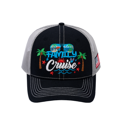 Family Cruise, Traveling 6-Panel Trucker Hat with Black front and Beige back