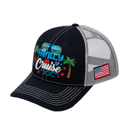 Family Cruise, Traveling 6-Panel Trucker Hat with Black front and Beige back