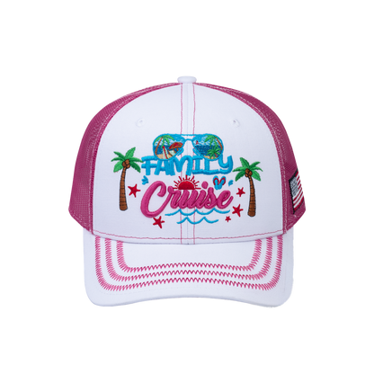 Family Cruise, Traveling 6-Panel Trucker Hat with White front and Pink back