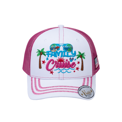 Family Cruise, Traveling 6-Panel Trucker Hat with White front and Pink back