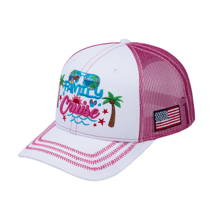 Family Cruise, Traveling 6-Panel Trucker Hat with White front and Pink back