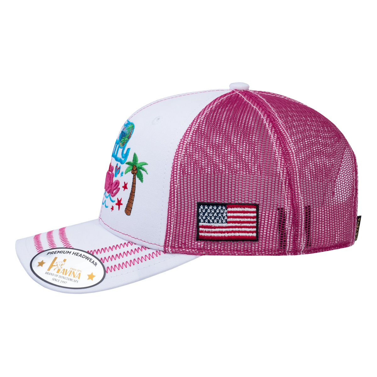 Family Cruise, Traveling 6-Panel Trucker Hat with White front and Pink back