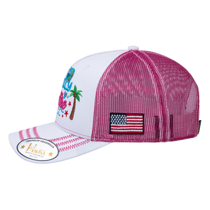 Family Cruise, Traveling 6-Panel Trucker Hat with White front and Pink back