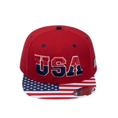 Classic US American Flag 6-Panel Snapback Flat Bill Baseball Cap with Red front and Red back