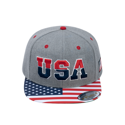 Classic US American Flag 6-Panel Snapback Flat Bill Baseball Cap with Light Grey front and Light Grey back