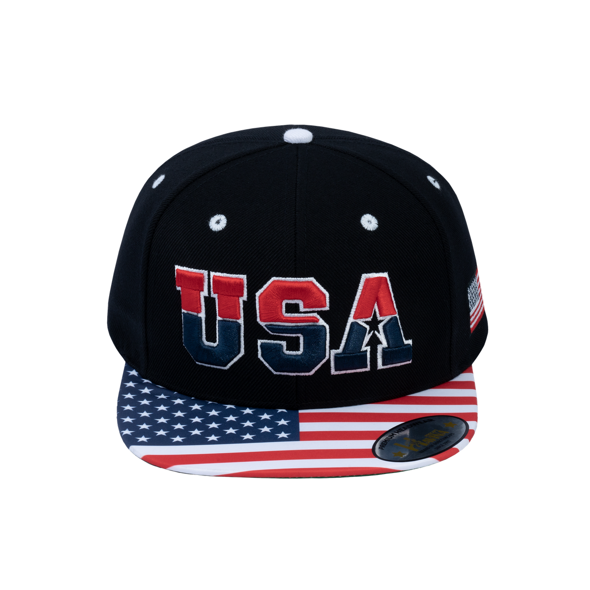 Classic US American Flag 6-Panel Snapback Flat Bill Baseball Cap with Black front and Black back