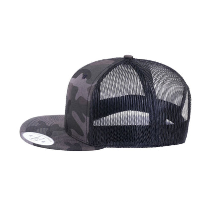 Blank 6-Panel Snapback Flat Bill Trucker Hat with Grey Camo front and Black back