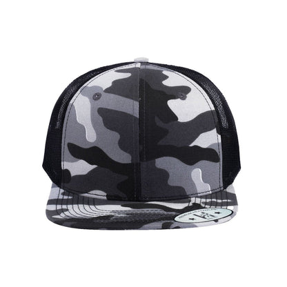 Blank 6-Panel Snapback Flat Bill Trucker Hat with Black Camo front and Black back