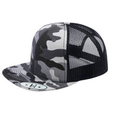 Blank 6-Panel Snapback Flat Bill Trucker Hat with Black Camo front and Black back