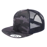 Blank 6-Panel Snapback Flat Bill Trucker Hat with Grey Camo front and Black back