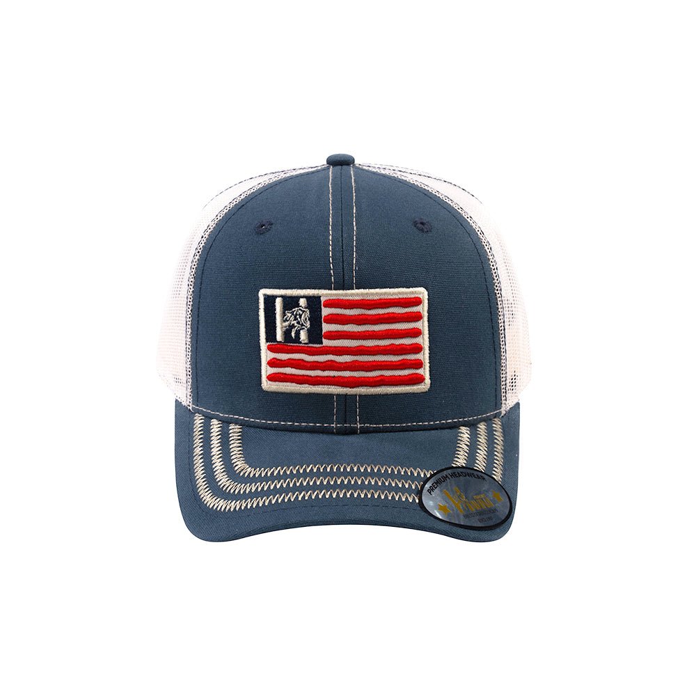 US Flag 6-Panel Trucker Hat with Navy front and Beige back