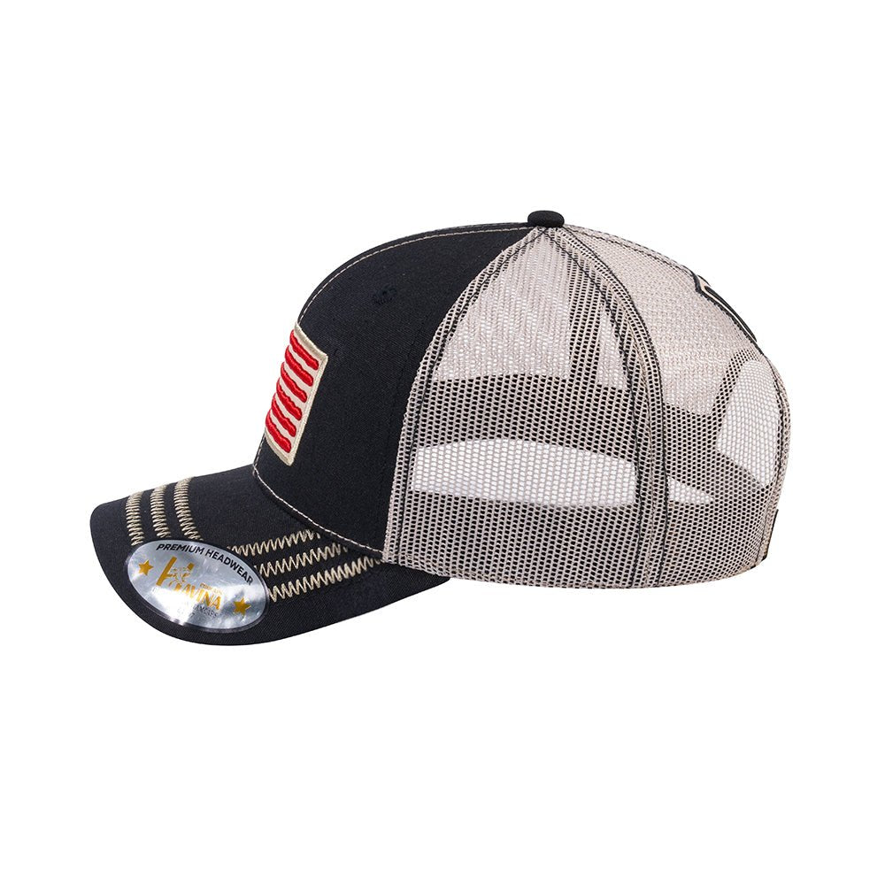 US Flag 6-Panel Trucker Hat with Black front and Beige back