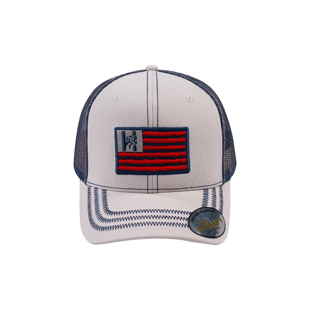 US Flag 6-Panel Trucker Hat with Beige front and Navy back