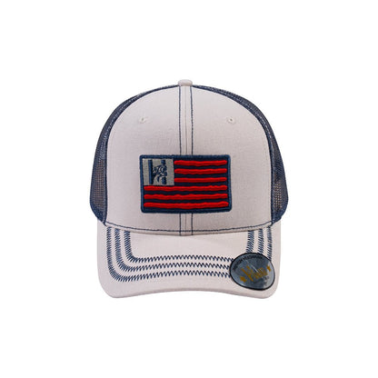 US Flag 6-Panel Trucker Hat with Beige front and Navy back