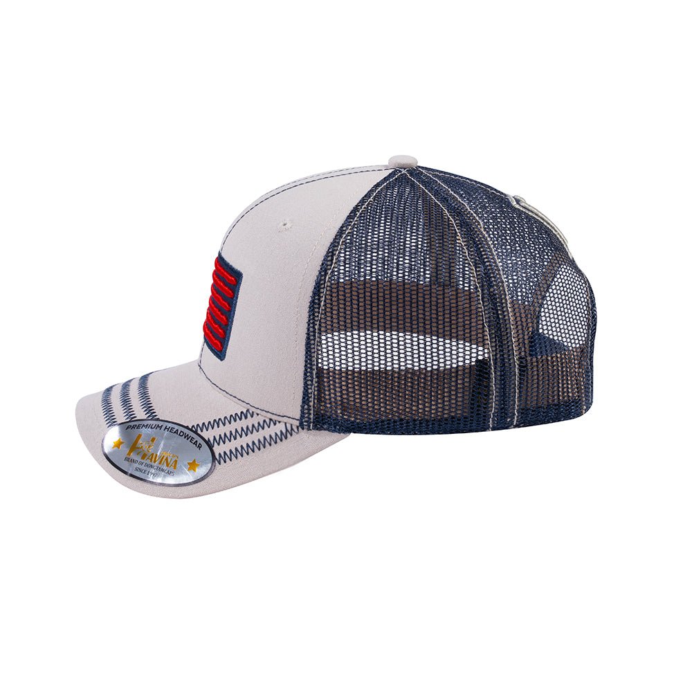 US Flag 6-Panel Trucker Hat with Beige front and Navy back