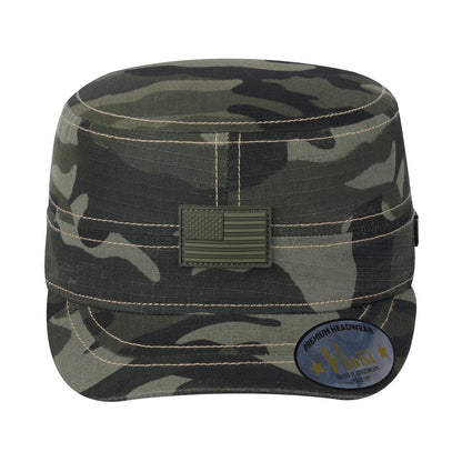 Rubber the US Flag Military Hat with Green Camo front and Green Camo back