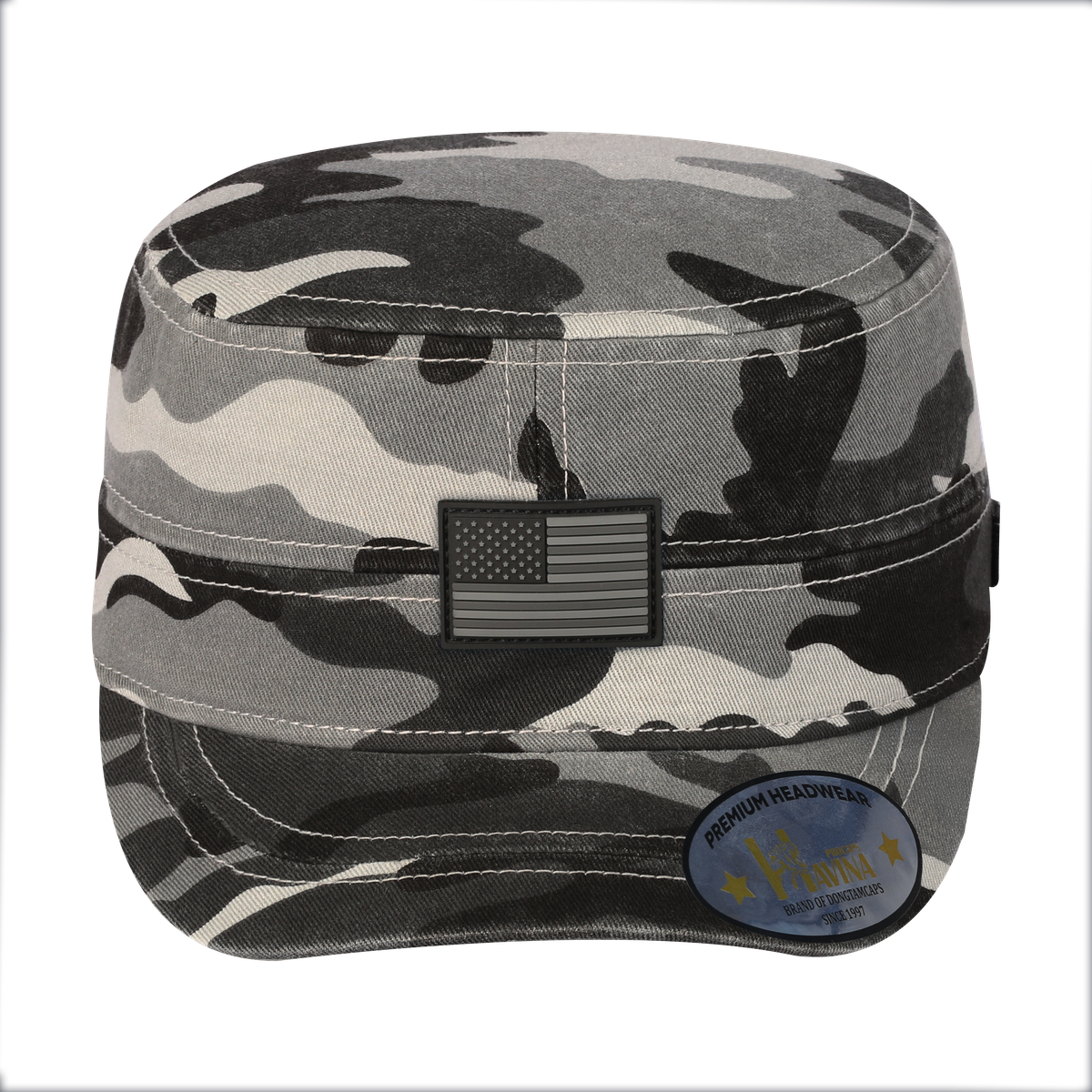 Rubber the US Flag Military Hat with Grey Camo front and Grey Camo back
