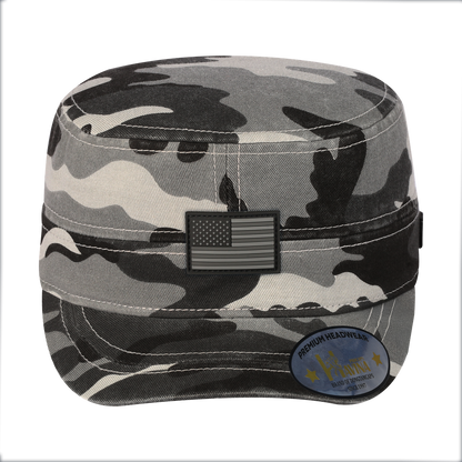 Rubber the US Flag Military Hat with Grey Camo front and Grey Camo back