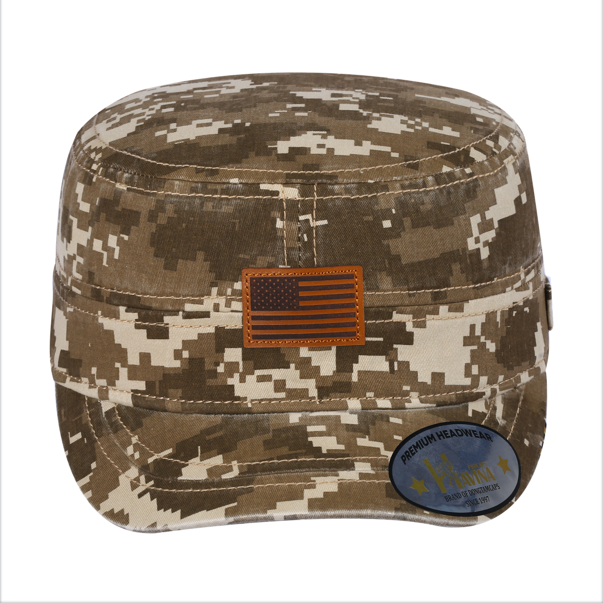 Leather the US Flag Military Hat with Khaki Camo front and Khaki Camo back
