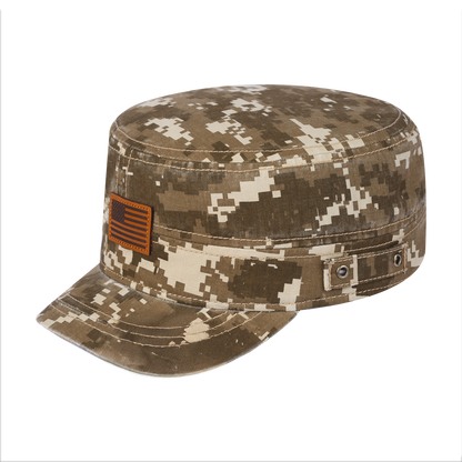 Leather the US Flag Military Hat with Khaki Camo front and Khaki Camo back