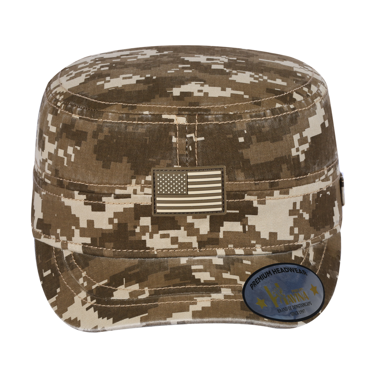 Rubber the US Flag Military Hat with Khaki Camo front and Khaki Camo back