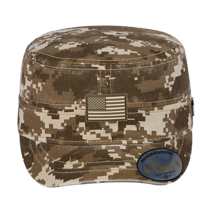 Rubber the US Flag Military Hat with Khaki Camo front and Khaki Camo back