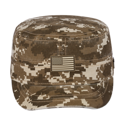 Rubber the US Flag Military Hat with Khaki Camo front and Khaki Camo back