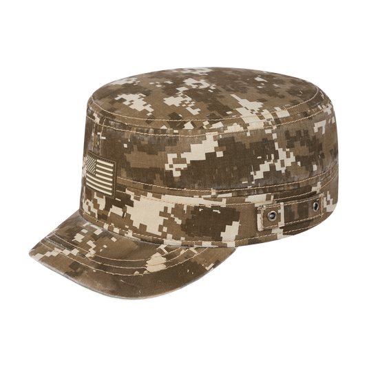 Rubber the US Flag Military Hat with Khaki Camo front and Khaki Camo back