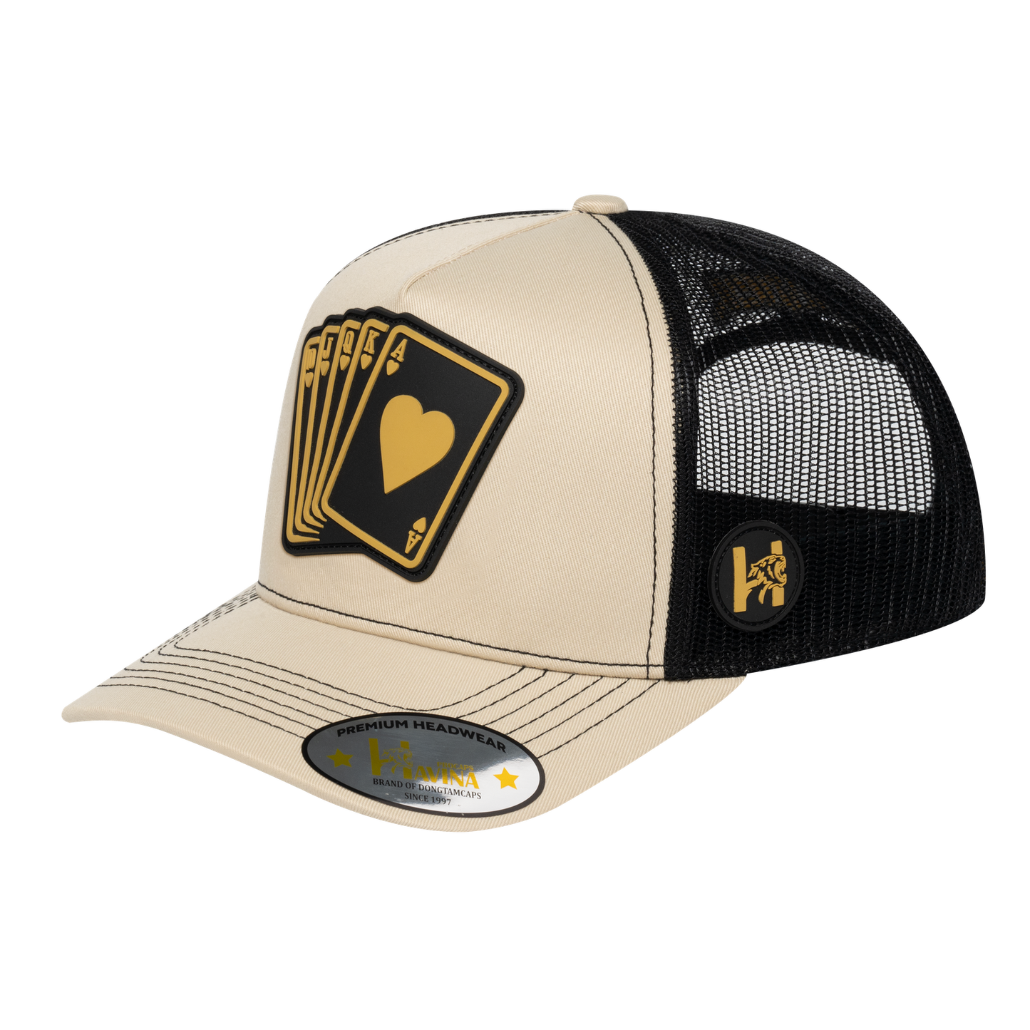 Poker 10JQKA 5-Panel Trucker Hat - Beige front, Black back, POKER1 - T5-BETC-B-POKER1
