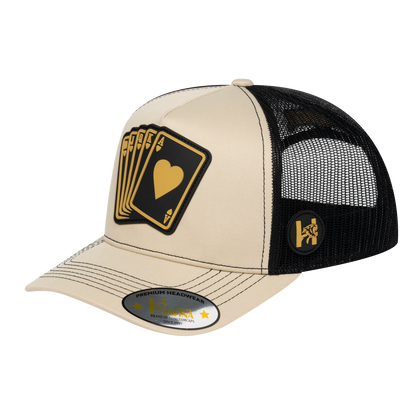 Poker 10JQKA 5-Panel Trucker Hat - Beige front, Black back, POKER1 - T5-BETC-B-POKER1