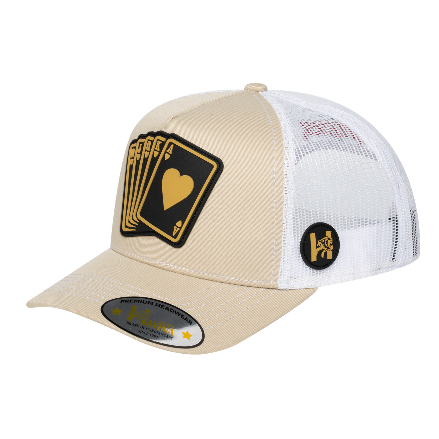 Poker 10JQKA 5-Panel Trucker Hat - Beige front, White back, POKER1 - T5-BETC-W-POKER1