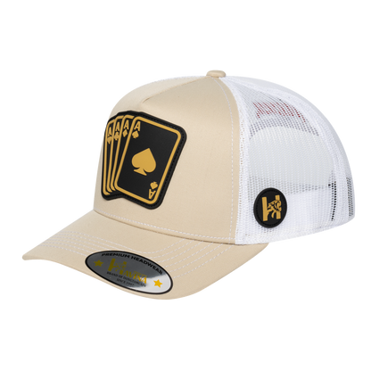 Winner Poker 10JQKA 5-Panel Trucker Hat - Beige front, White back, WINNER1 - T5-BETC-W-WINNER1