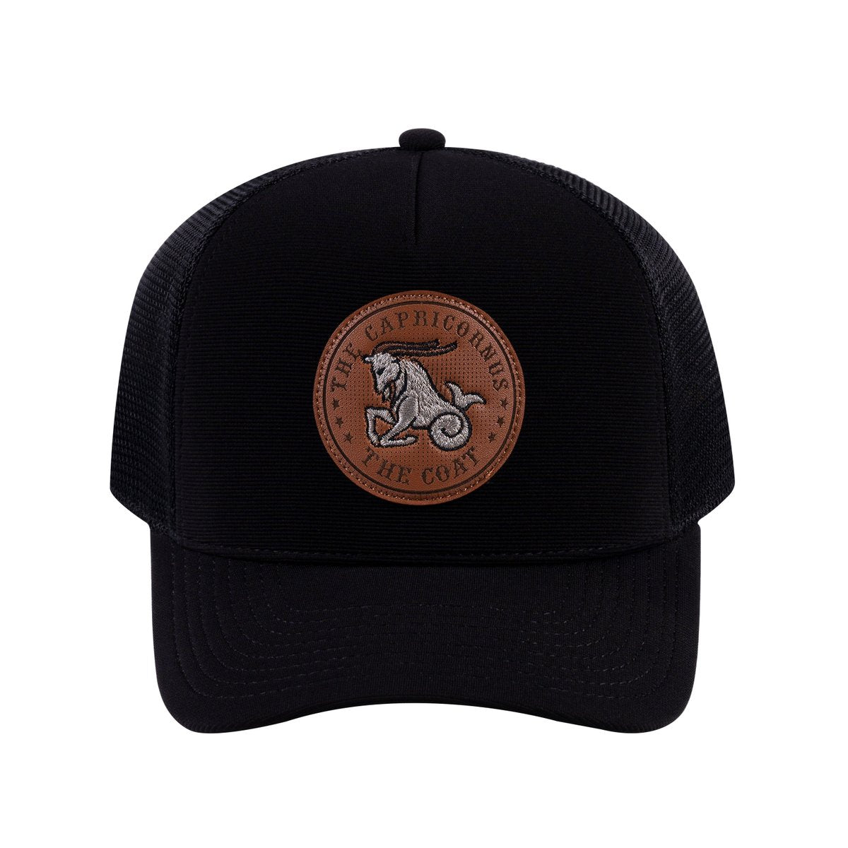 Capricorn Zodiac V2 5-Panel Trucker Hat with Black front and Black back