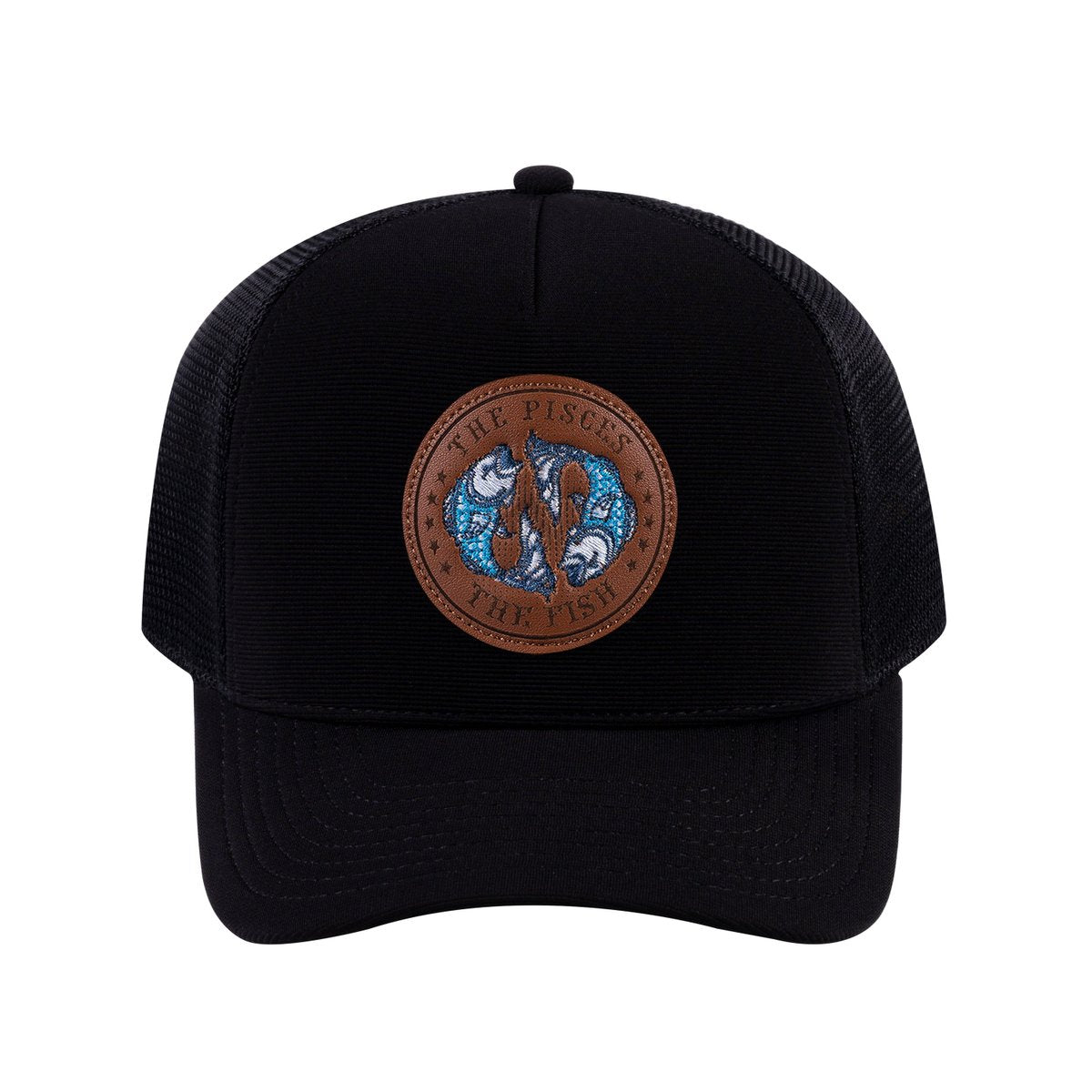 Pisces Zodiac V2 5-Panel Trucker Hat with Black front and Black back