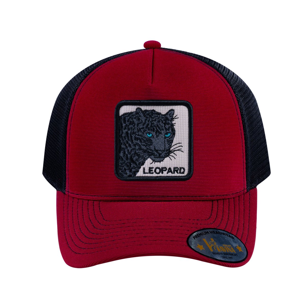 Leopard V2 5-Panel Trucker Hat with Burgundy front and Black back