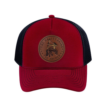 Sagittarius Zodiac V2 5-Panel Trucker Hat with Burgundy front and Black back