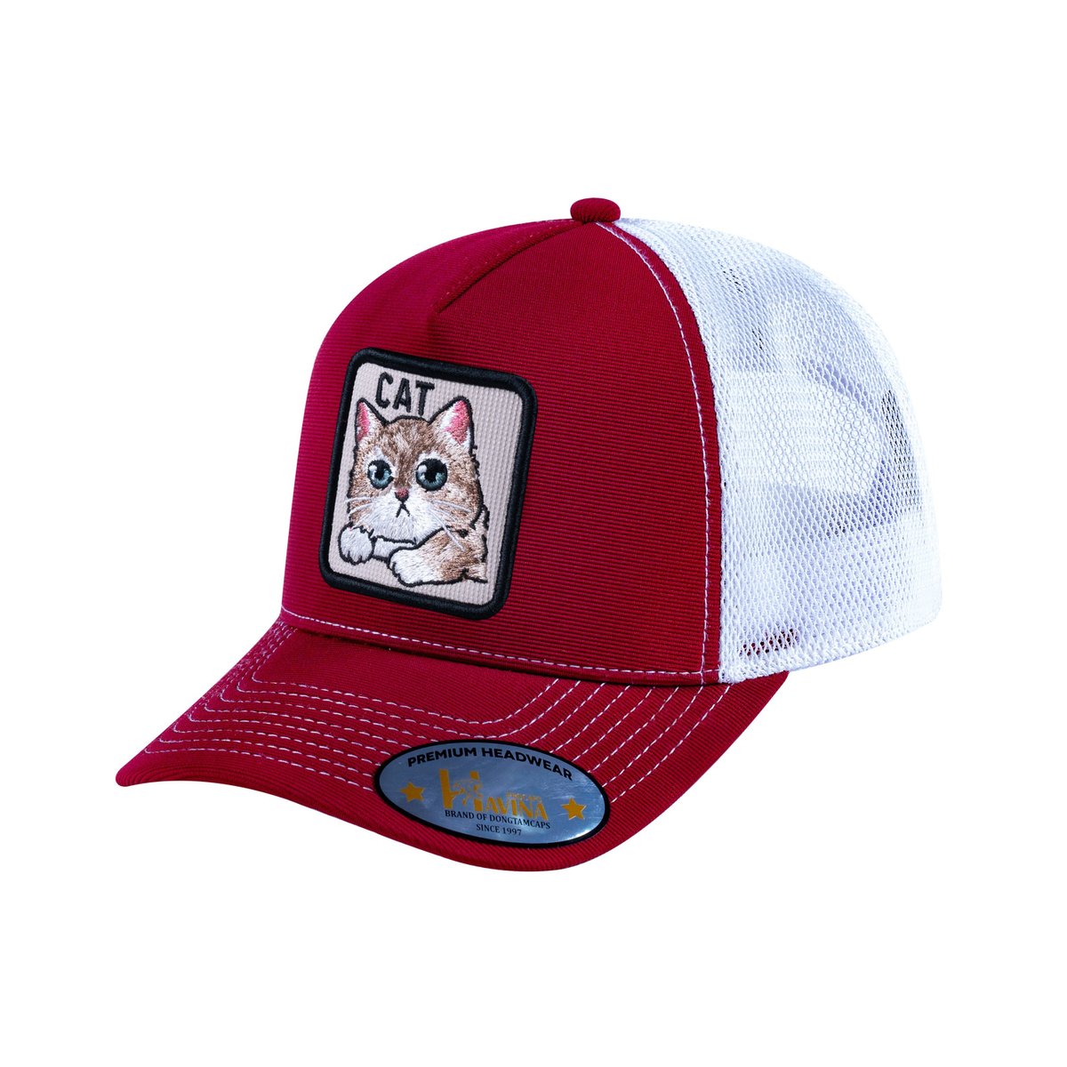 Cat V2 5-Panel Trucker Hat with Burgundy front and White back