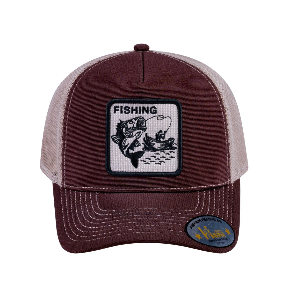Fishing V2 5-Panel Trucker Hat with Dark Brown front and Khaki back