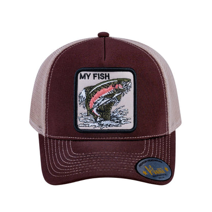 Salmon V2 5-Panel Trucker Hat with Dark Brown front and Khaki back