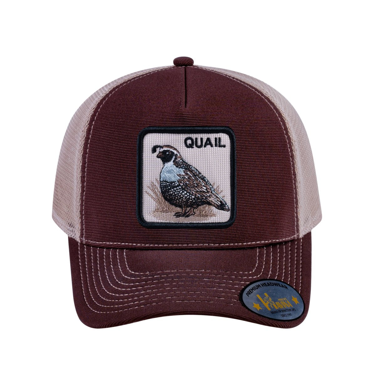 Quail V2 5-Panel Trucker Hat with Dark Brown front and Khaki back
