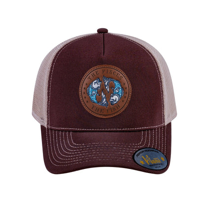 Pisces Zodiac V2 5-Panel Trucker Hat with Dark Brown front and Khaki back